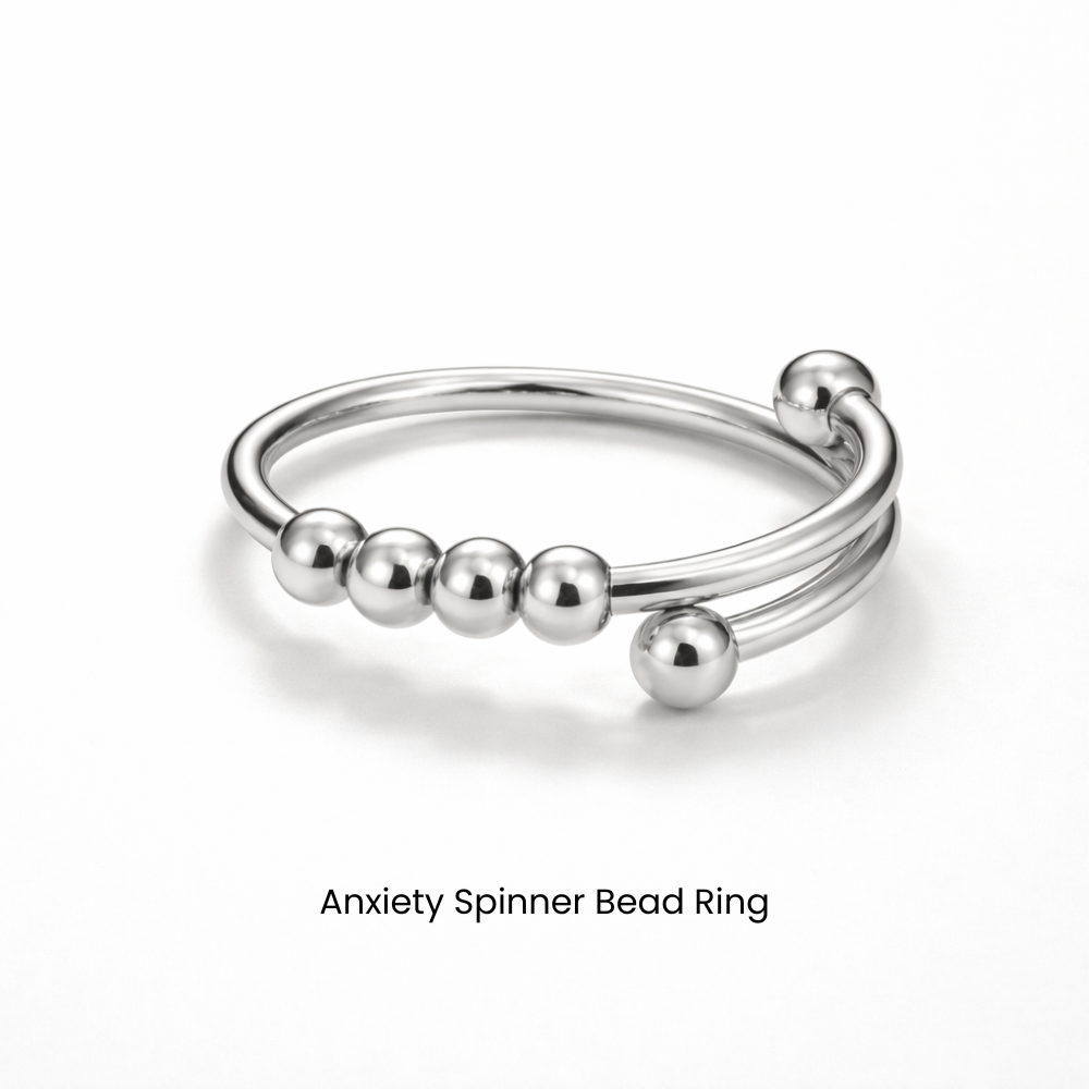 Silver anxiety spinner bead ring on a white background