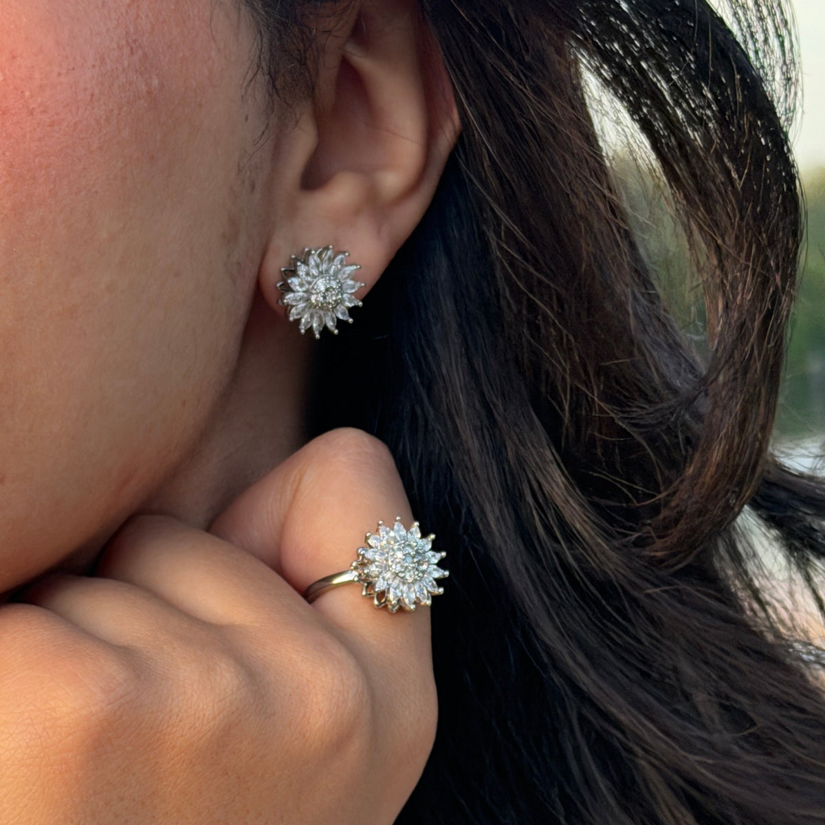 Stressy protea earings silver brass image.